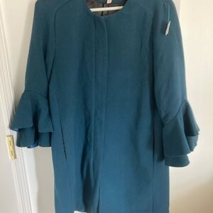 Bagatelle Teal Long Coat with Ruffled Sleeve Detail